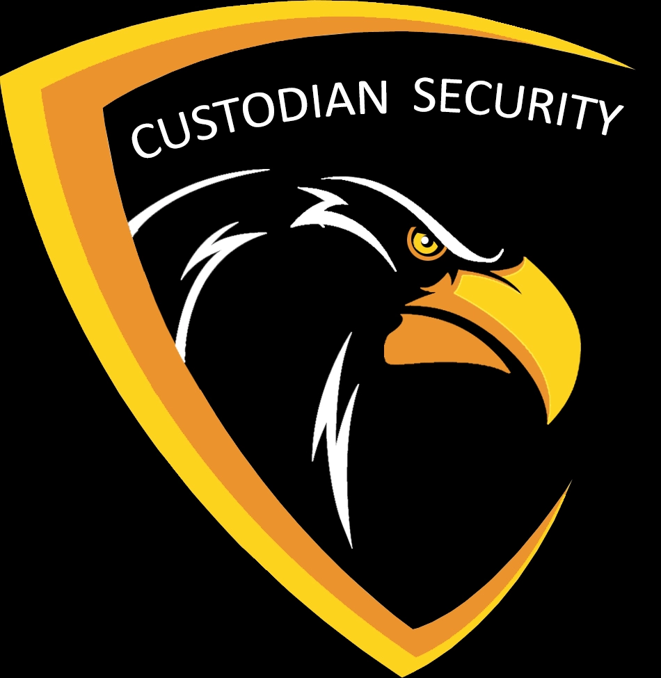 A black and yellow shield with a bird head Custodian Security Services Logo